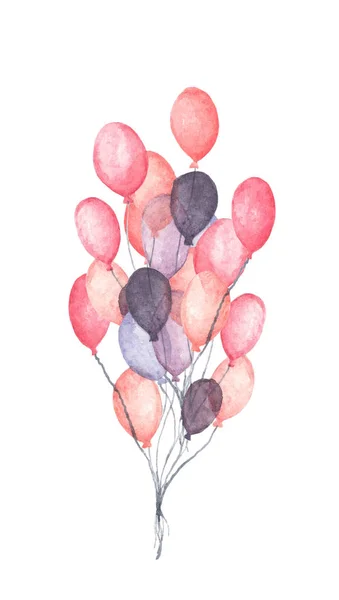 Palloncini Acquerello Pacchetto Disegnato Mano Palloncini Rosa Viola Partito Isolato — Foto Stock
