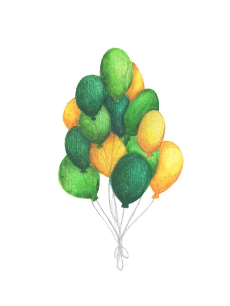 Aquarel Luchtballonnen Met Hand Getrokken Pakket Van Partij Groene Gele — Stockfoto