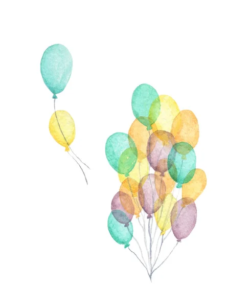 Bunch of party balloons. Flying colorful balloons on white background. Greeting object art. Watercolor air balloons. Greeting object for design or print.