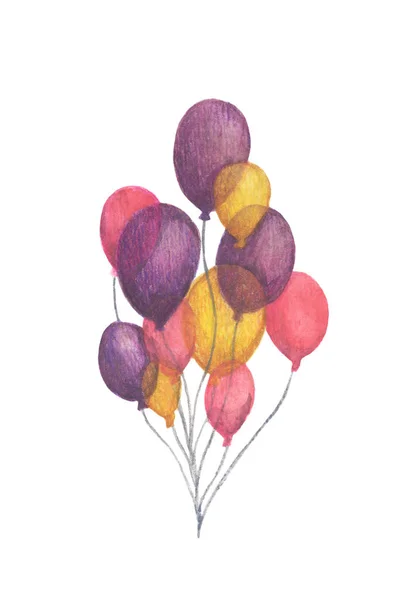 Akvarelové Vzduchové Balóny Ručně Kreslené Balení Party Barevné Balónky Izolované — Stock fotografie