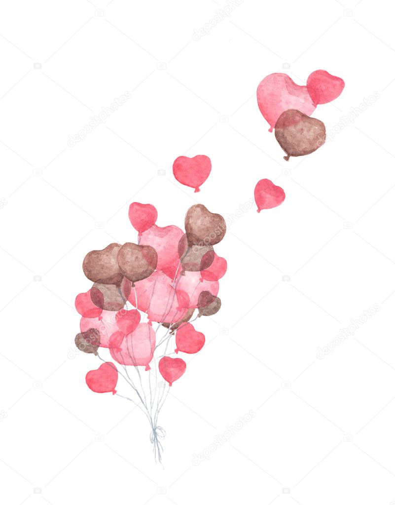 Bunch of heart shaped balloons. Flying valentines red heart balloons on white background. Love and romance. Watercolor illustration.