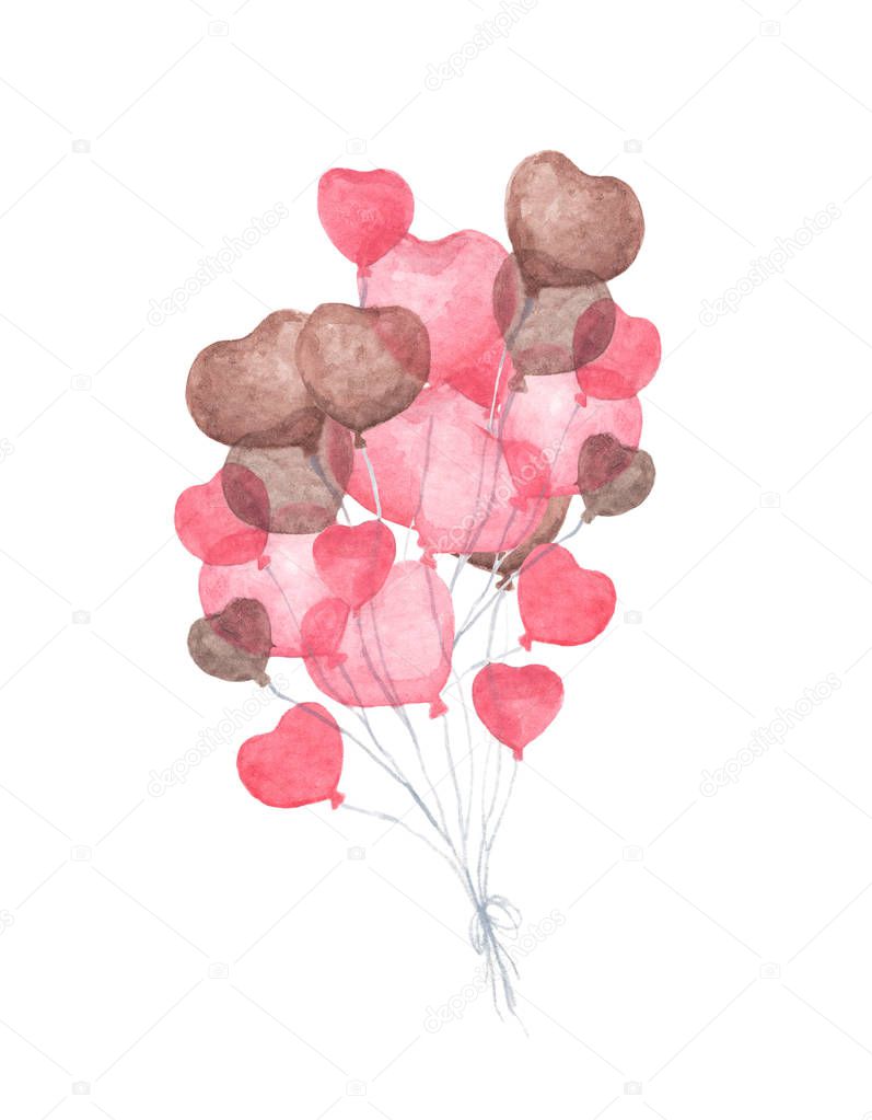 Watercolor painting of Bunch of heart shaped balloons. Pack of party red and brown balloons isolated on white background. Valentines red heart balloons. Love and romance illustration.