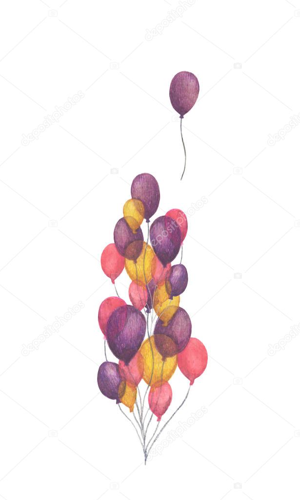 Bunch of party balloons. Flying colorful balloons on white background. Greeting object art. Watercolor air balloons. Greeting object for design or print.