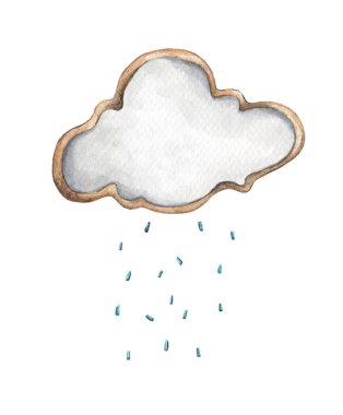 Yağmur damlalı şirin yağmur bulutu. Beyaz arka planda izole edilmiş. El yapımı suluboya lezzetli kurabiyeler. Yemek çizimi. Bebek için kart tasarımı.