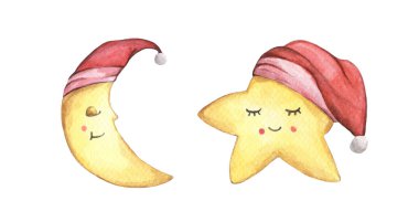Uykulu yarım ay ve kırmızı gece şapkalı küçük yıldız. Beyaz arka planda izole edilmiş. El çizimi suluboya çizimi. Noel kartı..
