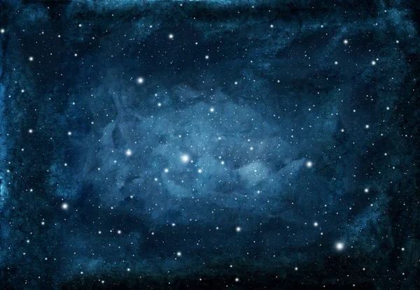 Yıldızlı suluboya gece gökyüzü arka planı. Parlayan yıldızlı kozmik doku.