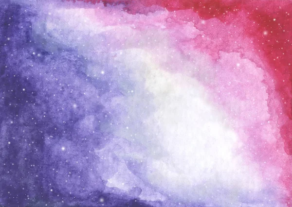 Abstract galaxy painting. Watercolor Cosmic texture with stars. Night sky. Milky way deep interstellar. Bright sky with purple and red clouds, white stars splash. Colorful art space.