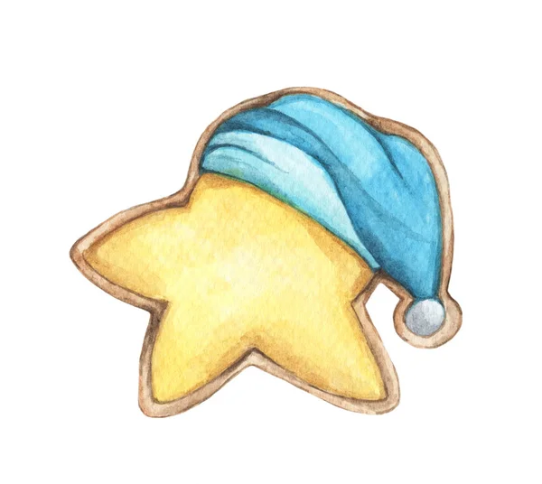 Cute Cookies Star Nightcap Isolated White Background Hand Drawn Watercolor — Stock Photo, Image