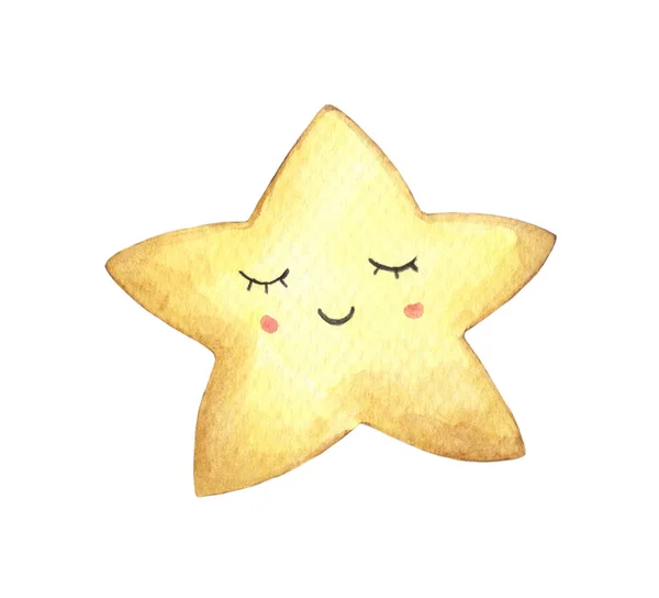 Sonríe Cara Forma Estrella Aislado Sobre Fondo Blanco Acuarela Dibujada —  Fotos de Stock