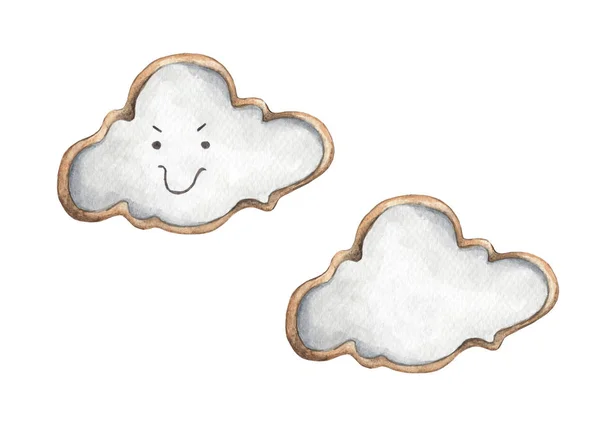 Cookies Form Einer Wolke Isoliert Auf Weißem Hintergrund Handgezeichnete Aquarell — Stockfoto