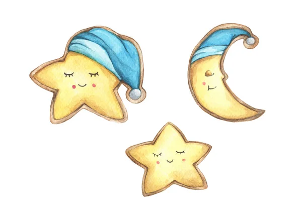 Set Smile Face Cookies Shape Star Crescent Isolated White Background — Stock Photo, Image