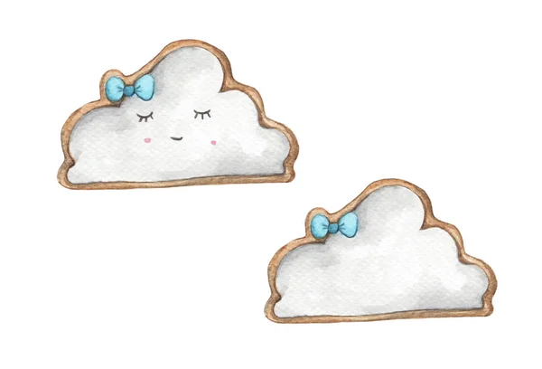 笑顔雲と青い弓の形のクッキーに直面しています 白い背景に隔離されている 手描きの水彩おいしいクッキー 食品イラスト — ストック写真