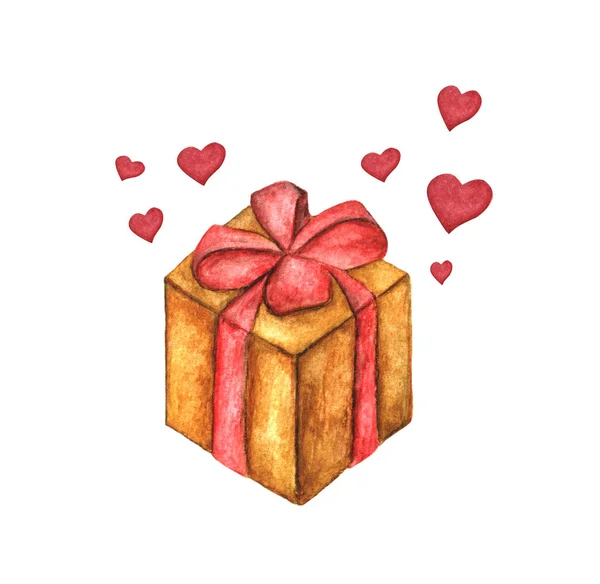 Box Red Ribbon Heart Shape Watercolor Illustration Valentine Day Hand — Stock Photo, Image