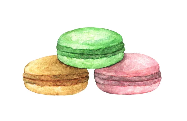 Macarons Multicolores Peints Aquarelle Isolés Sur Fond Blanc — Photo