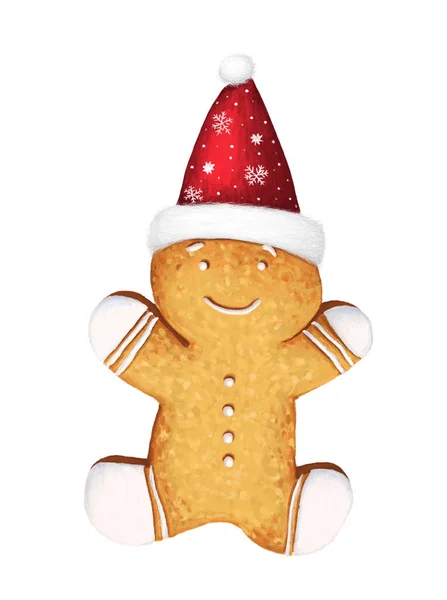 Hand Painted Gingerbread Man Wearing Red Hat Isolated White Background — Stock Photo, Image