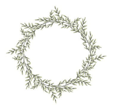 Beyaz arkaplanlı yeşil yapraklı çelenk. Yapraklı dallar. Metin için yaprak ve yer.