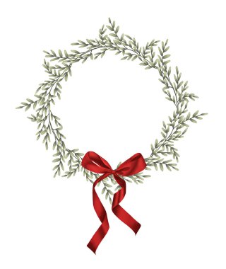 Yeşil yapraklı çelenk ve beyaz arka planlı kırmızı fiyonk. Yapraklı dallar. Metin için yaprak ve yer.