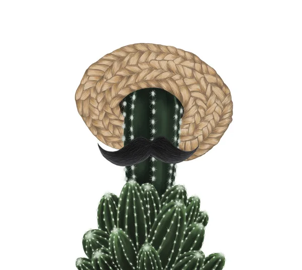 Mignon Cactus Avec Chapeau Paille Moustache Isolé Sur Fond Blanc — Photo