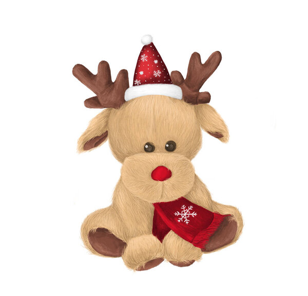 Cute winter deer with red scarf and santa hat isolated on white background. Hand Painted Illustration. Christmas character design.