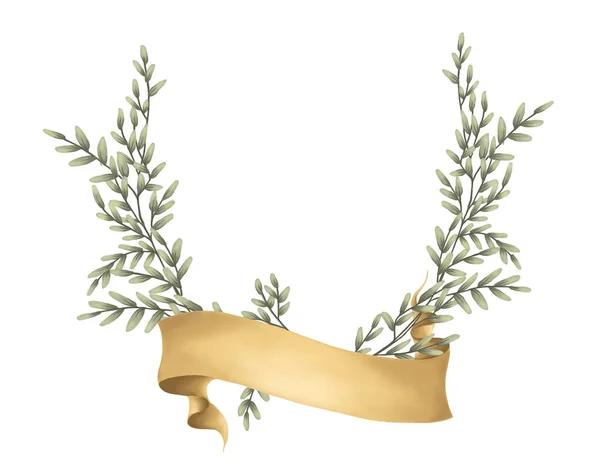 Зеленые Листья Золотой Ленточкой Вашего Текста Приглашение Свадьбу — стоковое фото