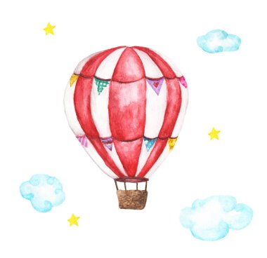 Suluboya sıcak hava balonu, bulutlar ve beyaz arka planda izole edilmiş yıldız çizimleri. Elle çizilmiş hava balonu gökyüzünde uçuyor..