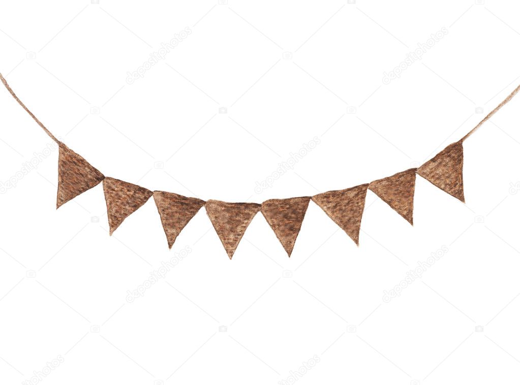 Bunting pastel brown flags, watercolor drawing isolated on white background.