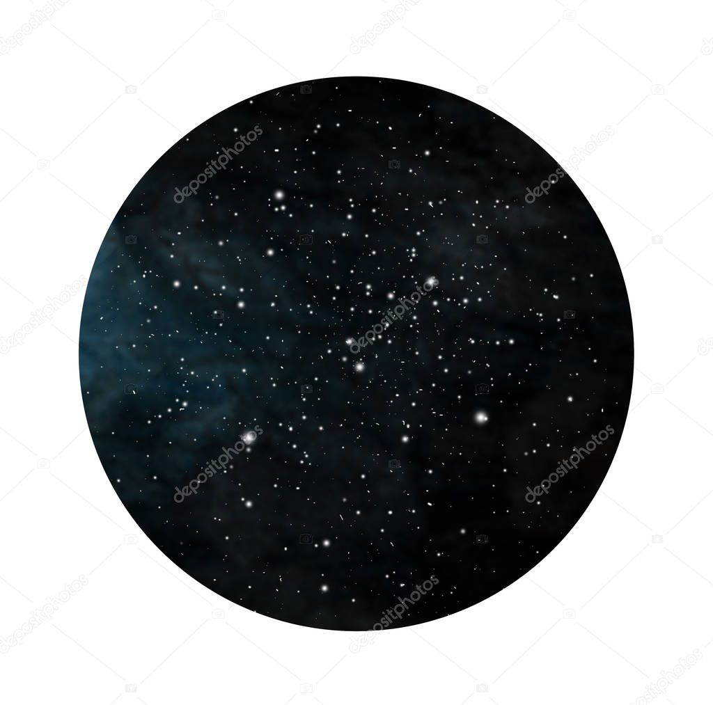 Hand drawn stylized grunge galaxy or night sky with stars. Cosmos illustration in circle. Brush and drops.