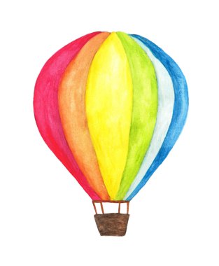 Beyaz arka planda izole edilmiş suluboya gökkuşağı sıcak hava balonu çizimleri. Elle çizilmiş hava balonu gökyüzünde uçuyor.. 