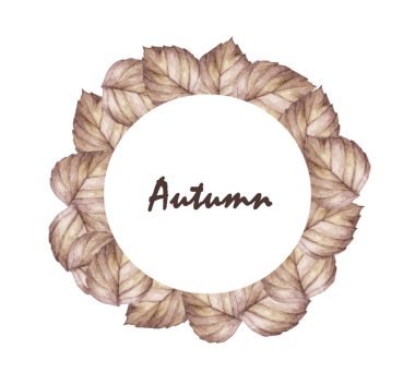 Beyaz arka planda izole edilmiş kuru renkli yapraklardan sonbahar çelengi. Suluboya El çizimi