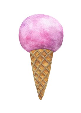 Beyaz arka planda izole edilmiş waffle külahında dondurma. Suluboya çizimi.