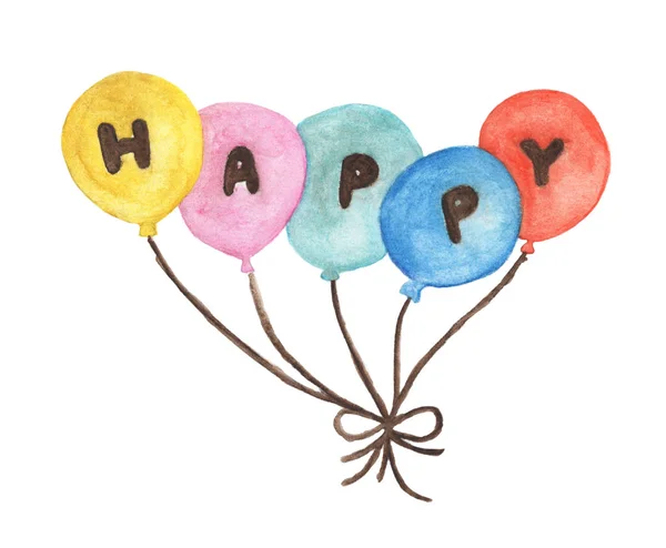 Suluboya Mutlu Renkli Balonlarda Beyaz Arka Planda Yapımı Parti Balonları — Stok fotoğraf