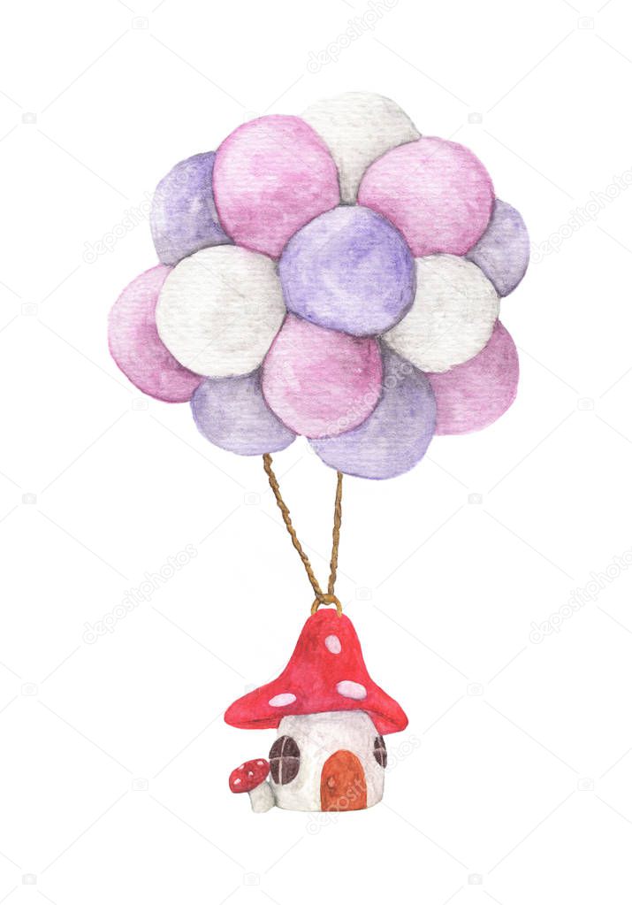 Mushroom house hanging with colorful balloon, business concept and asset management idea, watercolor illustrations isolated on white background.