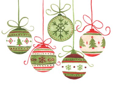 Kurdelede asılı renkli noel baloları. Suluboya Noel kartı.
