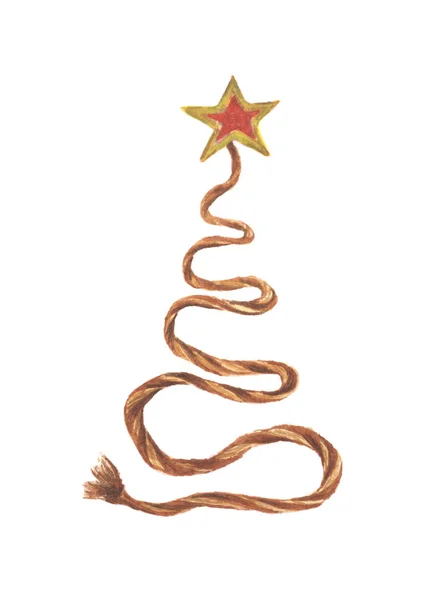 Árvore de Natal feita de corda e estrela amarela. Cartão de Natal aquarela . — Fotografia de Stock