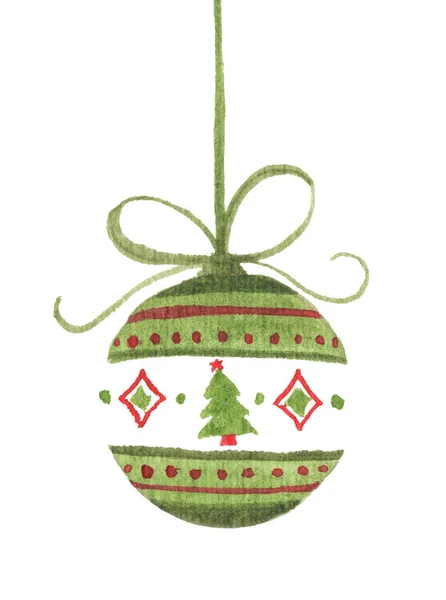 Bola de Natal pendurada em fita isolada no fundo branco. Cartão de Natal aquarela . — Fotografia de Stock