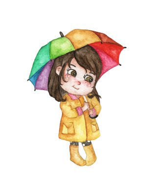 Beyaz arka planda, renkli şemsiyelerin altında saklanan yağmurluk giymiş şirin bir kız. El çizimi ve boyanmış. suluboya resimleme.