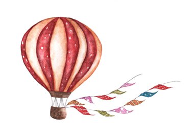Bayraklı klasik sıcak hava balonu, polka desenli ve retro desenli. Suluboya çizimi. Tasarım, yazdırma ve arkaplan