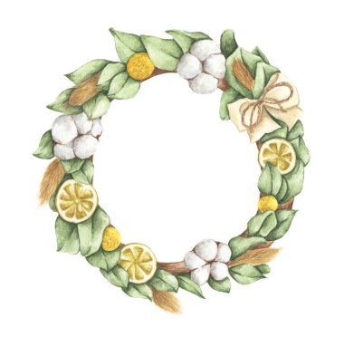 Beyaz arka planda şeritli bir çelenk bırakıyor. Yuvarlak çerçeve. Tebrik kartı, düğün davetiyesi. El çizimi suluboya çizimi.