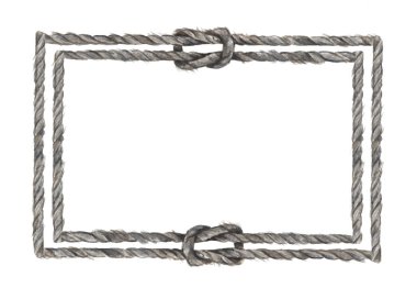 Düğümlü gri halat çerçeveli suluboya resim. Beyaz arka planda izole edilmiş. Denizcilik biçimi.