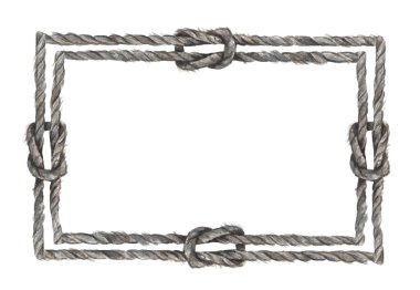Düğümlü gri halat çerçeveli suluboya resim. Beyaz arka planda izole edilmiş. Denizcilik biçimi.