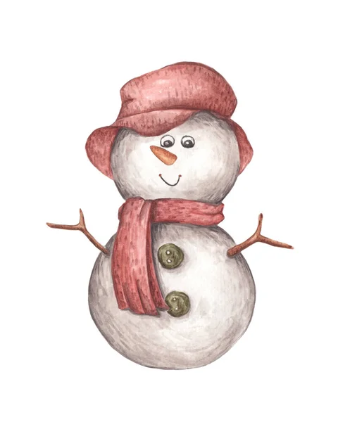 戴着帽子和围巾的雪人 雪人水彩画 — 图库照片