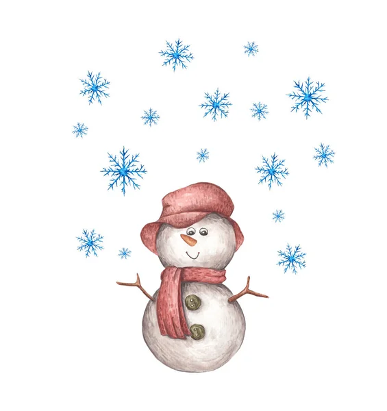 雪人和雪人的水彩画 戴着白底雪片头戴帽子 戴围巾的雪人 — 图库照片