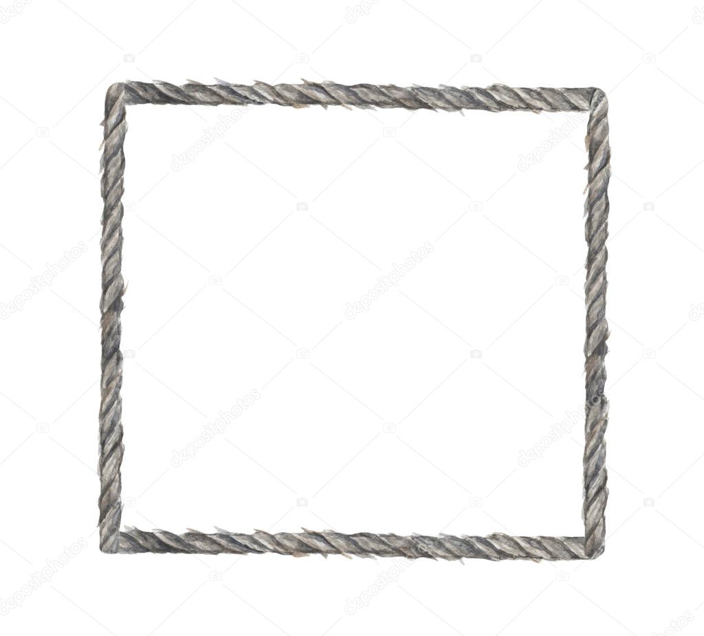 Watercolor painting of Gray rope frame on white background. Nautical style.