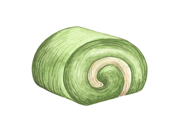 Aquarell Matcha Rollkuchen Handgezeichnete Köstliche Essensillustration Isoliert Auf Weißem Hintergrund — Stockfoto