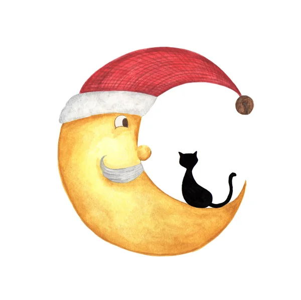 Mezza Luna Natale Con Gatto Nero Mezza Luna Con Cappello — Foto Stock