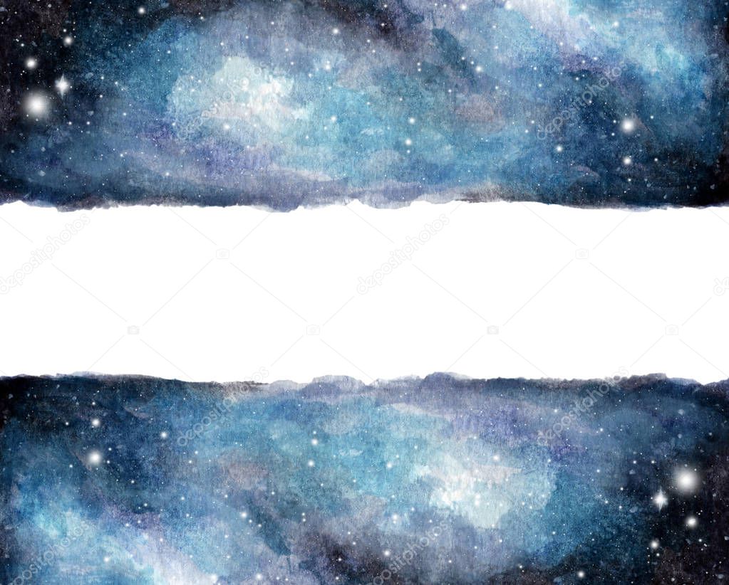 Watercolor galaxy sky background with stars. Universe filled with stars, cosmic layout with space for text.
