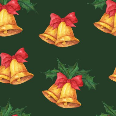 Altın Noel çanları ve koyu arkaplanda kutsal yapraklarla suluboya desenleri..