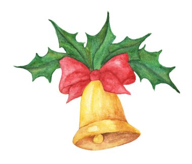 Kırmızı kurdeleli altın suluboya Noel çanı ve beyaz arka planda Holly izole edilmiş.