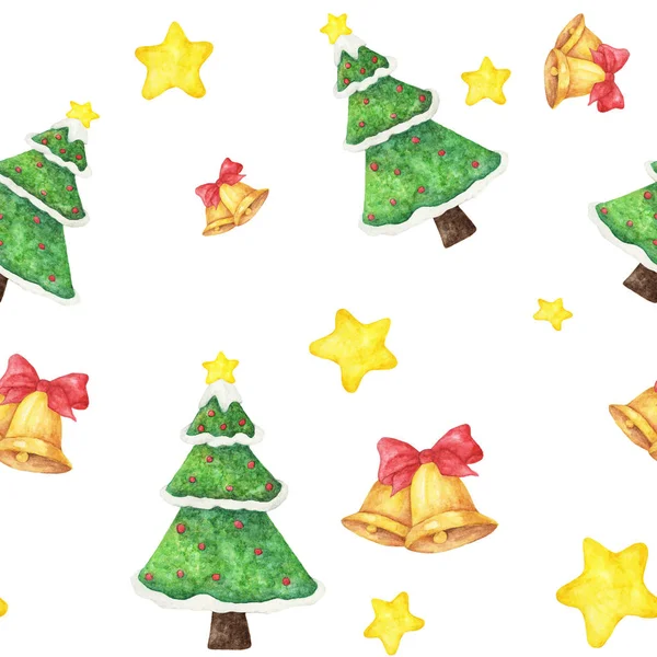Watercolor Seamless Pattern Christmas Tree Stars Jingle Bell White Background — Stock Photo, Image