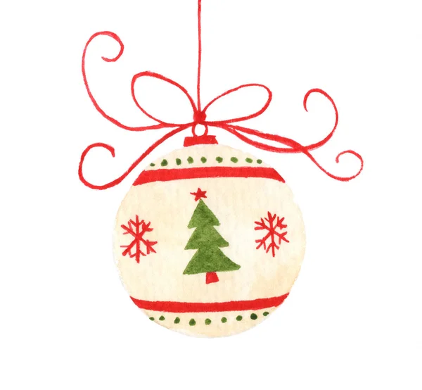 Bola de Natal pendurada na fita. Cartão de Natal aquarela . — Fotografia de Stock